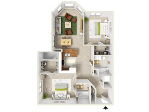 Floor plan for 2 beds, 2 baths, 1105 sqft